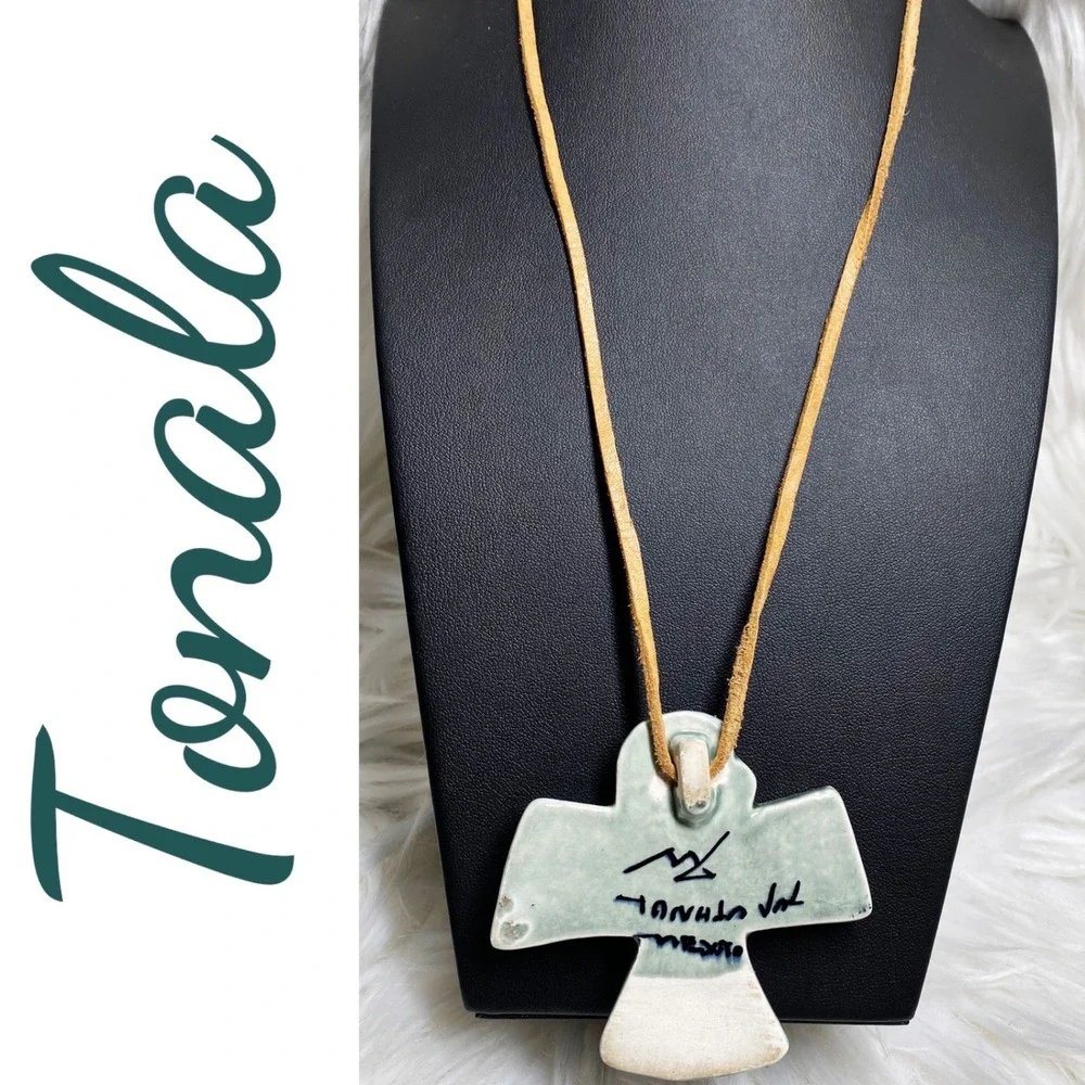Vintage Signed Tonala Mexico Ceramic Thunderbird Pendant Necklace Folk Art - Picture 5 of 8
